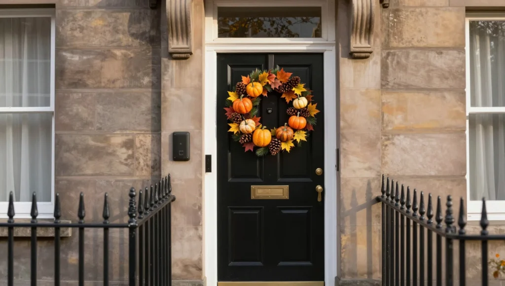 Autumn Wreath Front Door with pumpkins, pinecones and maple leaves on a UK home entrance