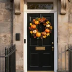 Autumn Wreath Front Door with pumpkins, pinecones and maple leaves on a UK home entrance