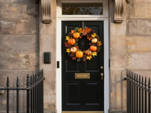Autumn Wreath Front Door with pumpkins, pinecones and maple leaves on a UK home entrance