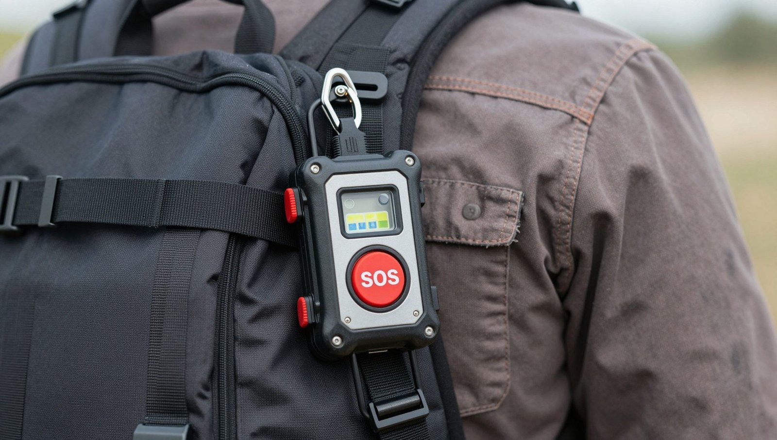 Lone worker safety device clipped to a worker’s bag